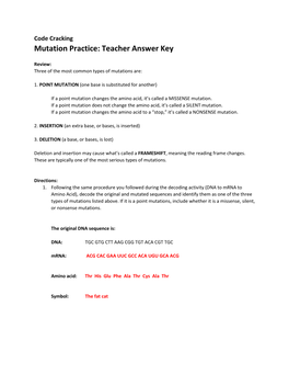 Code Cracking Mutation Practice: Teacher Answer Key