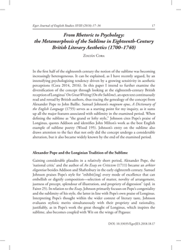 From Rhetoric to Psychology: the Metamorphosis of the Sublime in Eighteenth-Century British Literary Aesthetics (1700–1740) Zoltán Cora