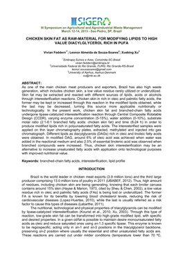 Chicken Skin Fat As Raw-Material for Modifying Lipids to High Value Diacylglycerol Rich in Pufa