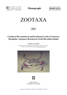 (Crustacea: Decapoda: Anomura, Brachyura) of the Hawaiian Islands