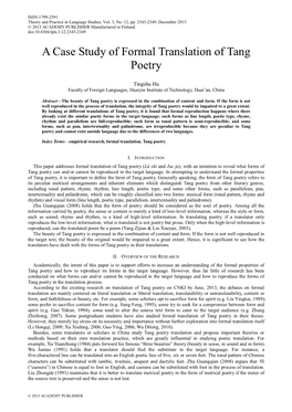 A Case Study of Formal Translation of Tang Poetry