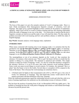 A CRITICAL LOOK at SEMANTIC IMPLICATION and ANALYSIS of WORDS in LANGUAGE STUDY ARIREMAKO, INNOCENT Ph.D ABSTRACT the Focus of T