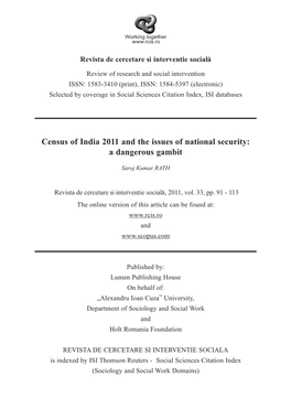 Census of India 2011 and the Issues of National Security: a Dangerous Gambit