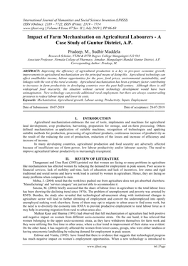 Impact of Farm Mechanisation on Agricultural Labourers - a Case Study of Guntur District, A.P