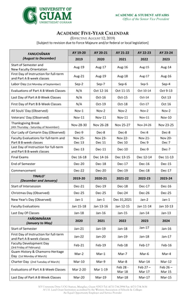 ACADEMIC FIVE-YEAR CALENDAR | University of Guam