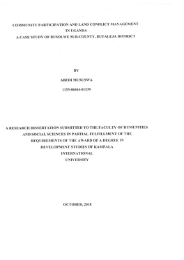 Community Participation and Land Conflict Management in Uganda a Case Study of Busolwe Sub-County, Butaleja District