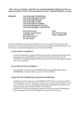 THE ANNUAL GENERAL MEETING of COPMANTHORPE PARISH COUNCIL Was Held on TUESDAY, 10 MAY 2011 in the HOWELL HALL, COPMANTHORPE at 7.30 Pm