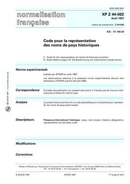 XP Z 44-002 Code Pour La Représentation Des Noms De Pays