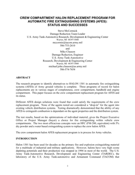 Crew Compartment Halon Replacement Program for Automatic Fire Extinguishing Systems (Afes): Status and Successes