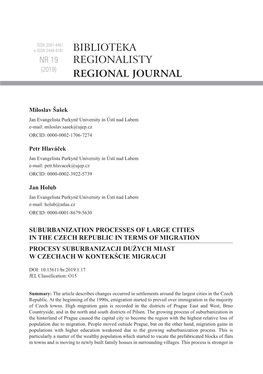 Suburbanization Processes of Large Cities in the Czech Republic in Terms of Migration Procesy Suburbanizacji Dużych Miast W Czechach W Kontekście Migracji