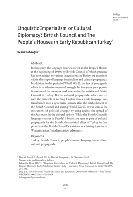 Linguistic Imperialism Or Cultural Diplomacy? British Council and the People’S Houses in Early Republican Turkey*