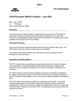 TTC CEO's Report