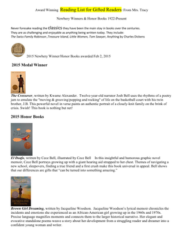 Award Winning Reading List for Gifted Readers: from Mrs
