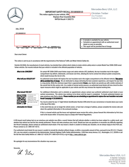 IMPORTANT SAFETY RECALL 2018060010 This Notice Applies to Your Vehicle, VIN: WDDUG6DB8FA123456 Replace Rear Insulation Mat NHTSA Recall # 18V273