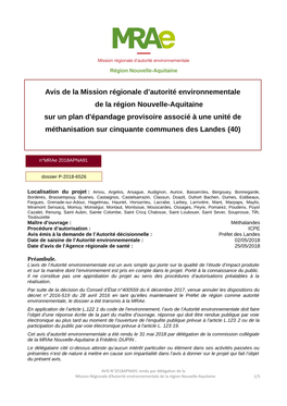 Avis De La Mission Régionale D'autorité Environnementale De La Région Nouvelle-Aquitaine Sur Un Plan D'épandage Provisoire