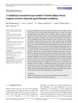 A Statistical Seasonal Forecast Model of North Indian Ocean Tropical Cyclones Using the Quasi-Biennial Oscillation
