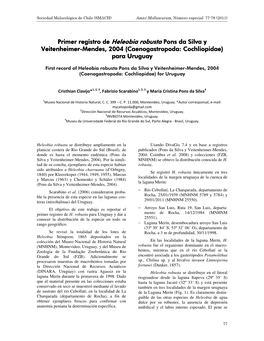 Primer Registro De Heleobia Robusta Pons Da Silva Y Veitenheimerveitenheimer----Mendes,Mendes, 2004 (Caenogastropoda: Cochliopidae) Para Uruguay