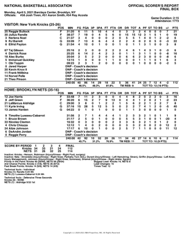 Box Score Knicks