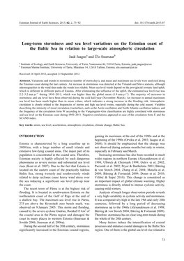 Long-Term Storminess and Sea Level Variations on the Estonian Coast of the Baltic Sea in Relation to Large-Scale Atmospheric Circulation