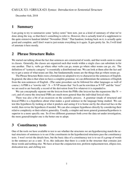 1 Summary 2 Phrase Structure Rules 3 Constituency Tests