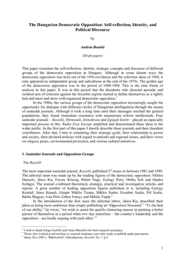 The Hungarian Democratic Opposition: Self-Reflection, Identity, and Political Discourse