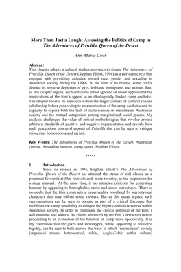More Than Just a Laugh: Assessing the Politics of Camp in the Adventures of Priscilla, Queen of the Desert Ann-Marie Cook
