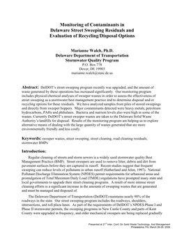 Monitoring of Contaminants in Delaware Street Sweeping Residuals and Evaluation of Recycling/Disposal Options