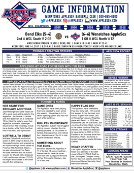 Bend Elks [5-4] [6-6] Wenatchee Applesox Vs 2Nd \\ WCL South \\ 2 GB 1 GB \\ WCL North \\ T2 Vince Genna STADIUM [3,500] | Bend, Ore