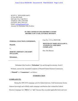 Defendant John Swallow's Answer to Amended Complaint