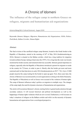 A Chronic of Idomeni the Influence of the Refugee Camp in Northern Greece on Refugees, Migrants and Humanitarian Aid Organizations