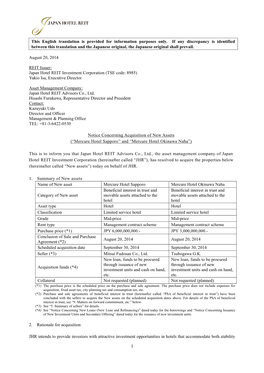 Notice Concerning Acquisition of New Assets (“Mercure Hotel Sapporo” and “Mercure Hotel Okinawa Naha”)