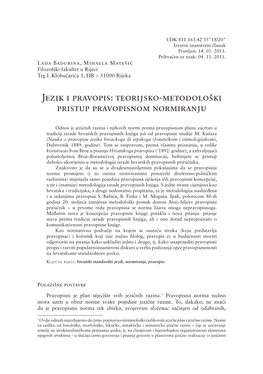 Jezik I Pravopis: Teorijsko-Metodološki Pristup Pravopisnom Normiranju