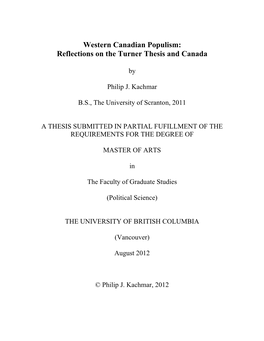 Western Canadian Populism: Reflections on the Turner Thesis and Canada