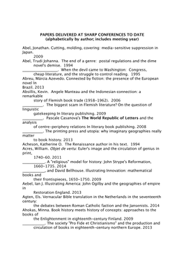 PAPERS DELIVERED at SHARP CONFERENCES to DATE (Alphabetically by Author; Includes Meeting Year)