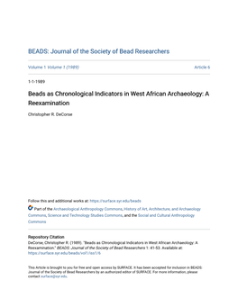 Beads As Chronological Indicators in West African Archaeology: a Reexamination