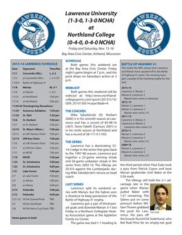 Lawrence University (1-3-0, 1-3-0 NCHA) at Northland College (0-4-0, 0-4-0 NCHA) Friday and Saturday, Nov