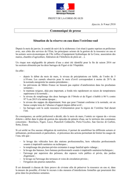 Communiqué De Presse Situation De La Réserve En Eau Dans L'extrême-Sud