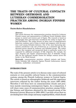 The Traits of Cultural Contacts Between Orthodox and Lutheran Commemoration Practices Among Ingrian Finnish Women