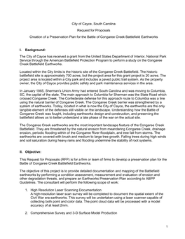 City of Cayce, South Carolina Request for Proposals Creation of a Preservation Plan for the Battle of Congaree Creek Battlefield Earthworks