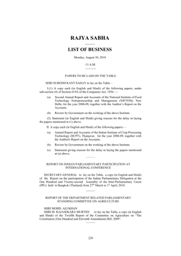 Rajya Sabha —— List of Business