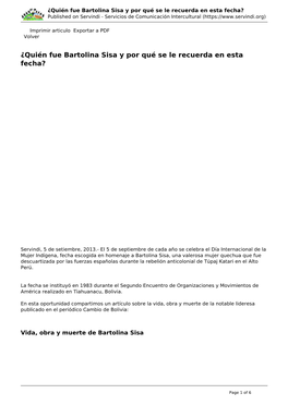 ¿Quién Fue Bartolina Sisa Y Por Qué Se Le Recuerda En Esta Fecha? Published on Servindi - Servicios De Comunicación Intercultural (