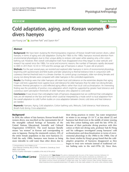 Cold Adaptation, Aging, and Korean Women Divers Haenyeo Joo-Young Lee1* , Joonhee Park2 and Siyeon Kim2