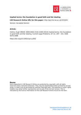 Implied Terms: the Foundation in Good Faith and Fair Dealing LSE Research Online URL for This Paper: Version: Accepted Version