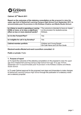 Page 1 Cabinet: 22 March 2011 Report on the Outcomes of The