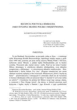 Recepcja Poetycka Rimbauda Jako Synapsa Młodej Polski I Międzywojnia