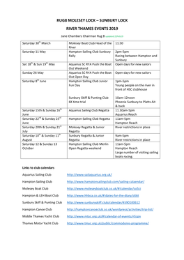 Rug8 Molesey Lock – Sunbury Lock River Thames Events 2019