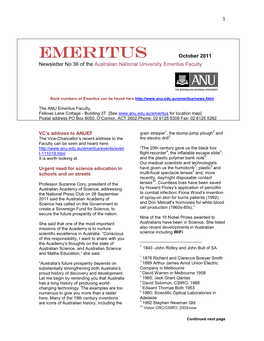 Emeritus October 2011 Newsletter No 36 of the Australian National University Emeritus Faculty