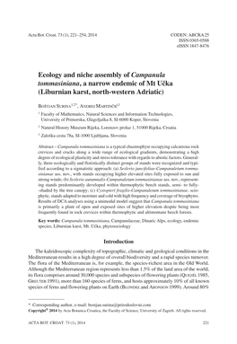 Ecology and Niche Assembly of Campanula Tommasiniana, a Narrow Endemic of Mt U~Ka (Liburnian Karst, North-Western Adriatic)