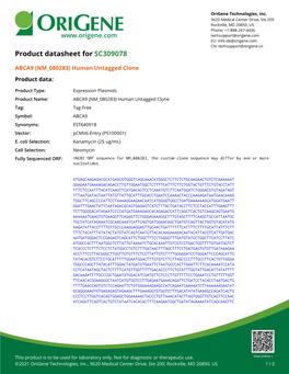 ABCA9 (NM 080283) Human Untagged Clone – SC309078 | Origene