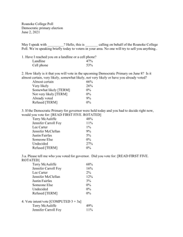 Roanoke College Poll Democratic Primary Election June 2, 2021 May I